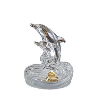 Vintage Oneida Lead Crystal Dolphin Figurine Mother & Calf Made in Italy Frosted